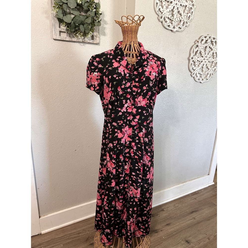 Vintage Miss Dorby Petite Dress Size 10P Black/Pink Floral  Button Down Front
